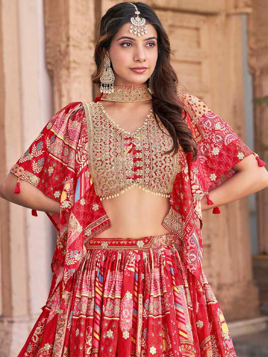 Red Chinon Silk Embroidered Wedding Reception Festival Heavy Border Lehenga Choli