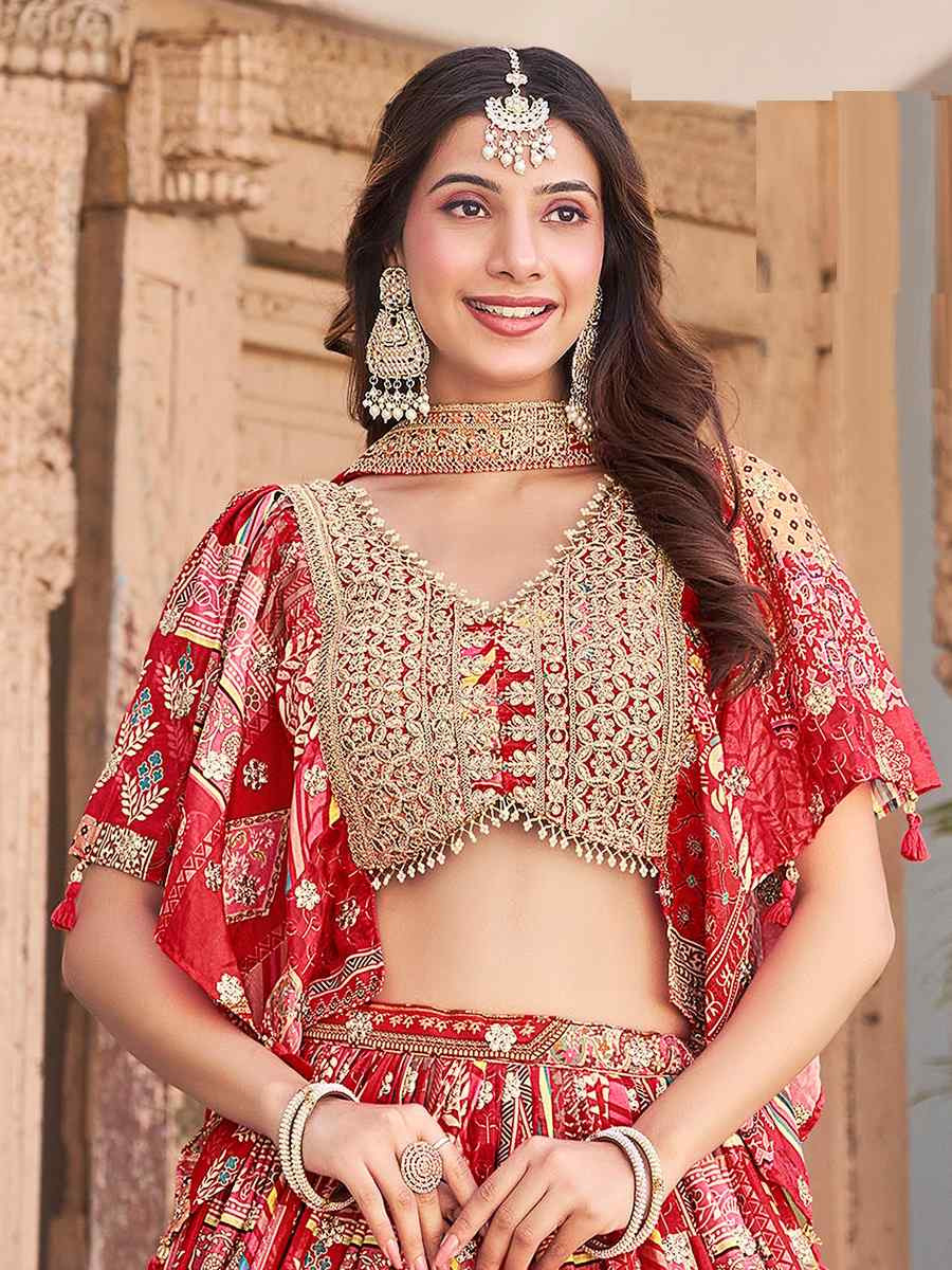 Red Chinon Silk Embroidered Wedding Reception Festival Heavy Border Lehenga Choli