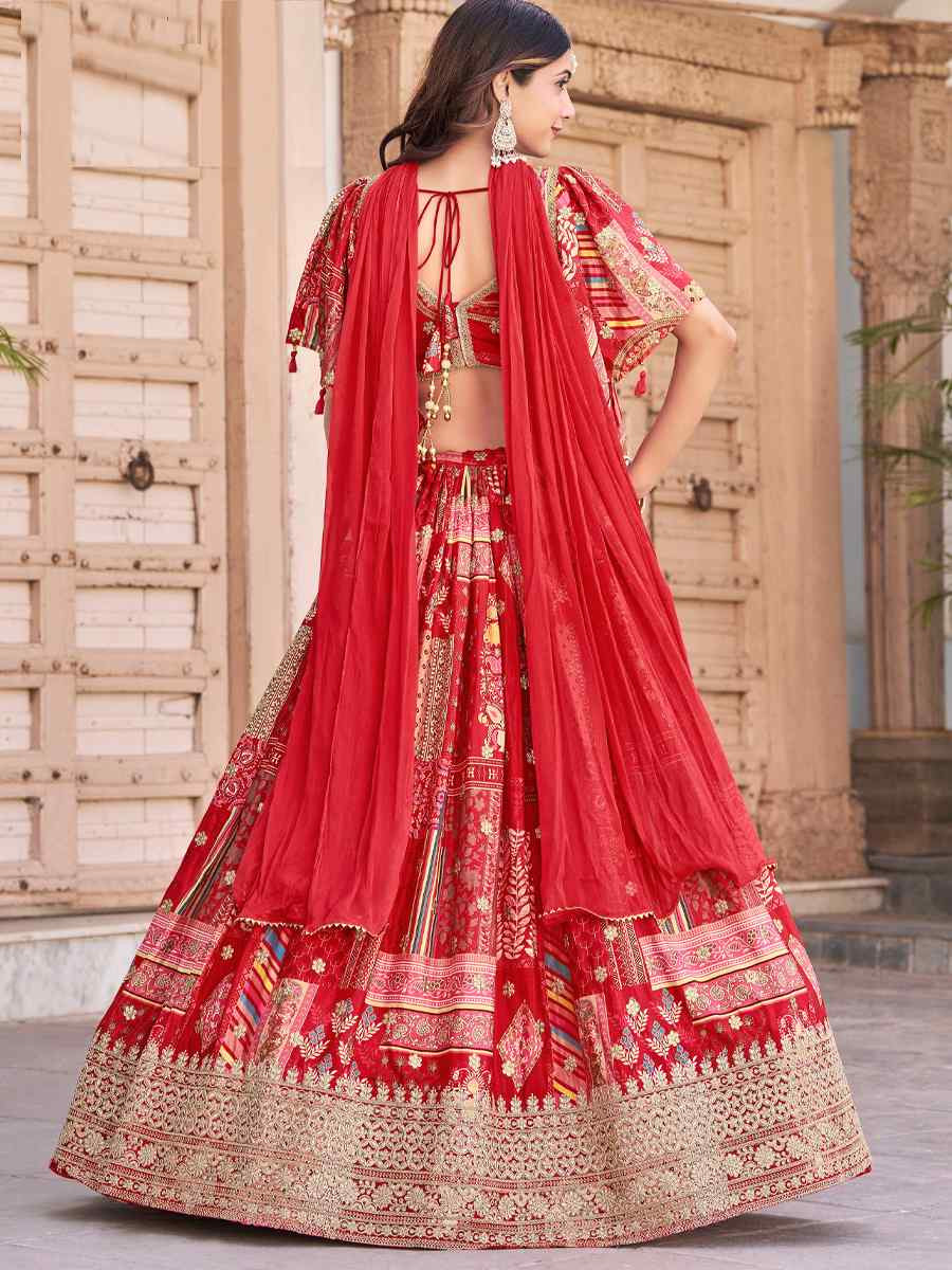 Red Chinon Silk Embroidered Wedding Reception Festival Heavy Border Lehenga Choli