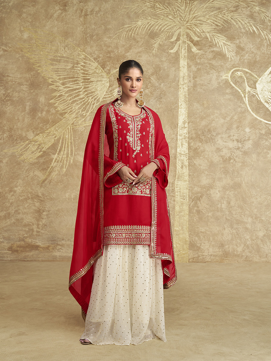 Red Chinon Silk Embroidery Zari Sequins Wedding Party Festival Casual Palazzo Pant Salwar Kameez