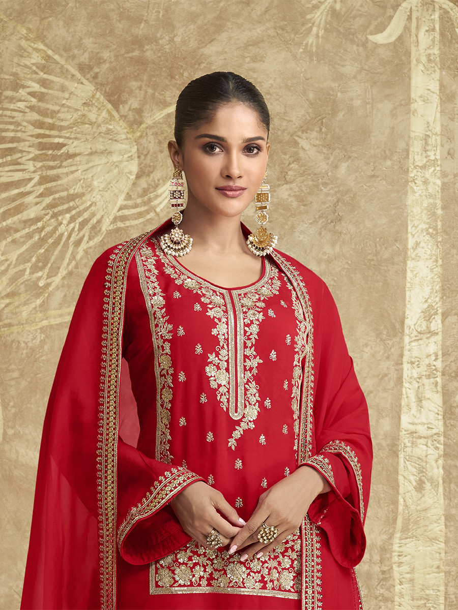Red Chinon Silk Embroidery Zari Sequins Wedding Party Festival Casual Palazzo Pant Salwar Kameez