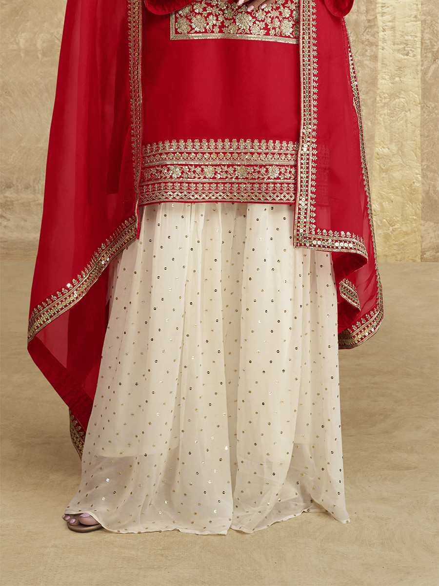 Red Chinon Silk Embroidery Zari Sequins Wedding Party Festival Casual Palazzo Pant Salwar Kameez
