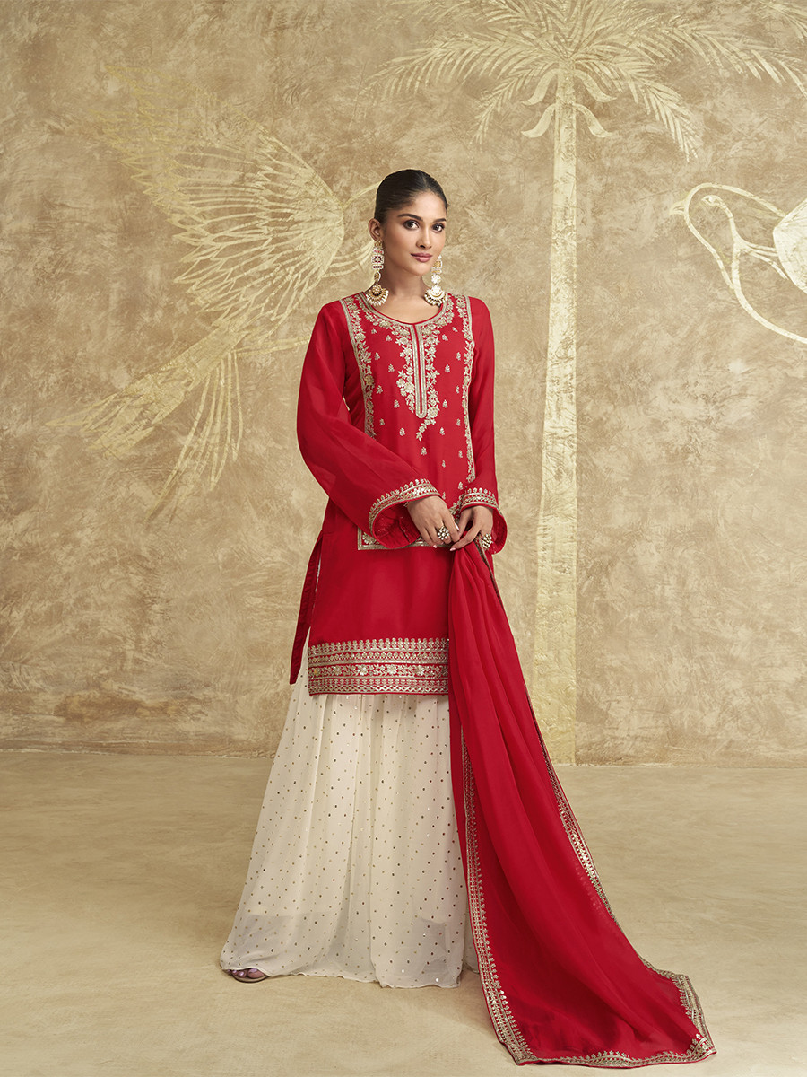 Red Chinon Silk Embroidery Zari Sequins Wedding Party Festival Casual Palazzo Pant Salwar Kameez