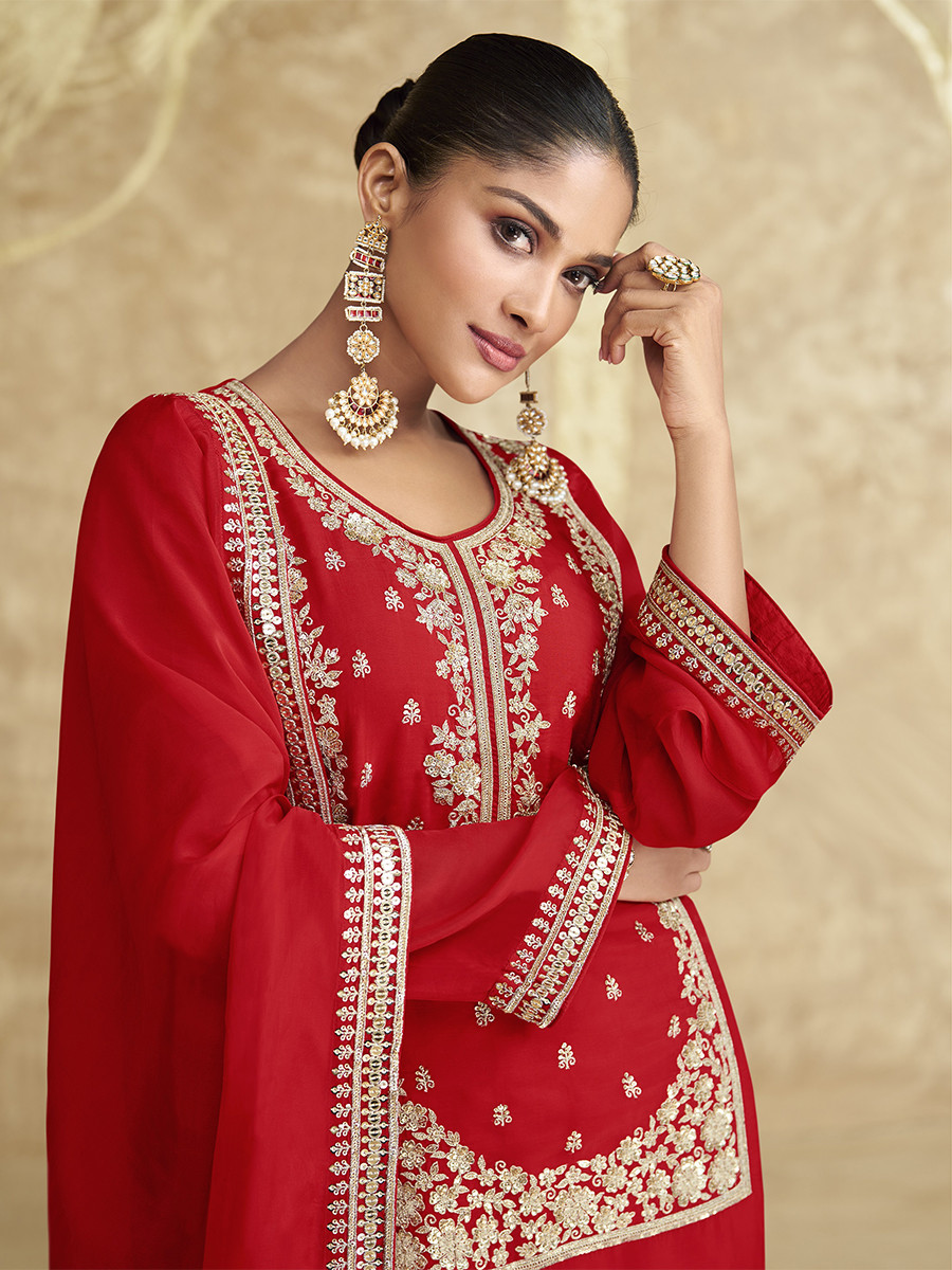 Red Chinon Silk Embroidery Zari Sequins Wedding Party Festival Casual Palazzo Pant Salwar Kameez