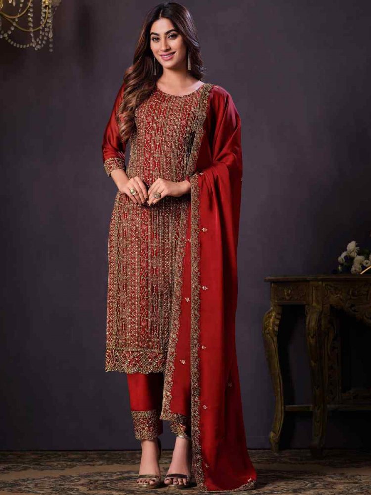 Red Cotonic Georgette Embroidered Festival Party Pant Salwar Kameez