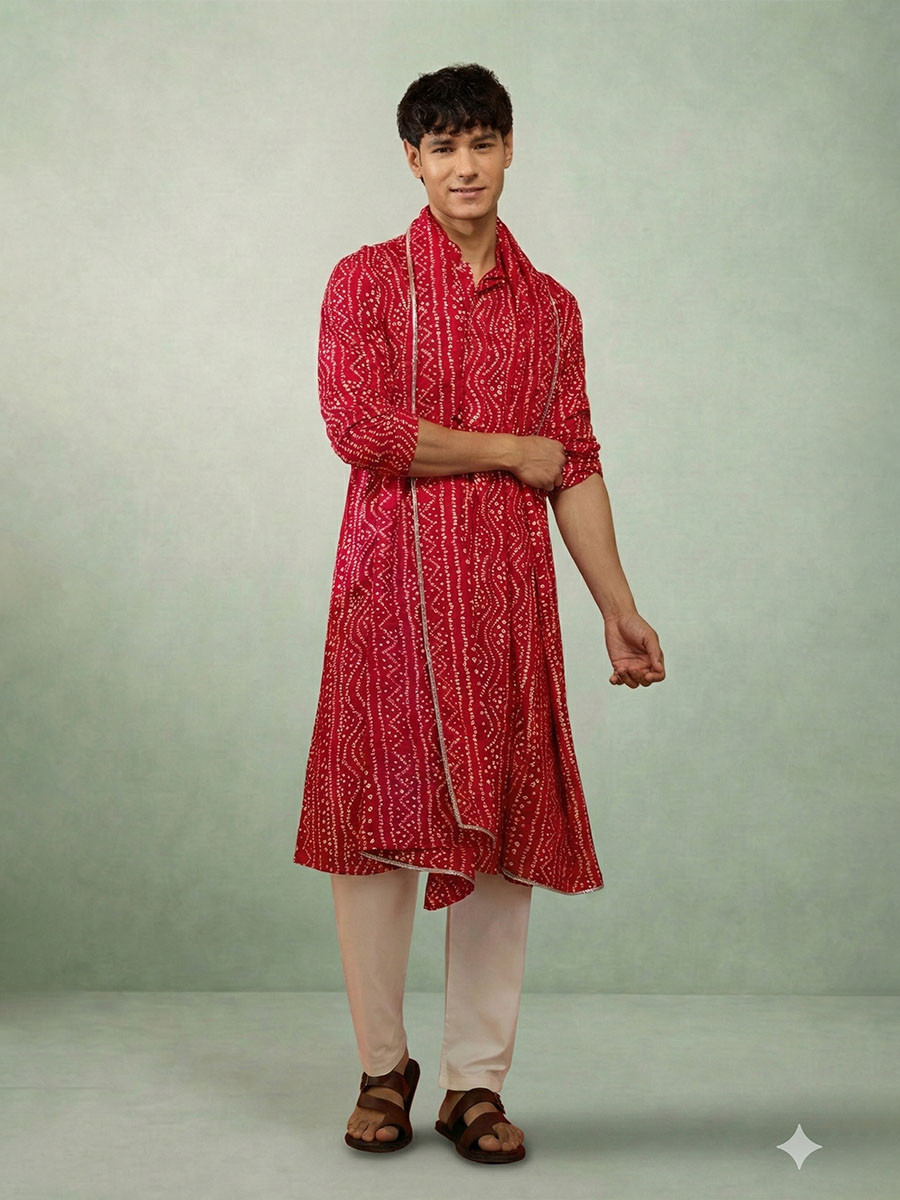 Red Cotton Bandhani Printed Wedding Festival Party Wear Casual Mens Kurta