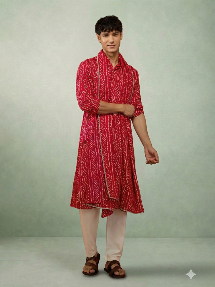 Image of Red Cotton  Bandhani Printed Wedding Festival Party Wear Casual Mens Kurta