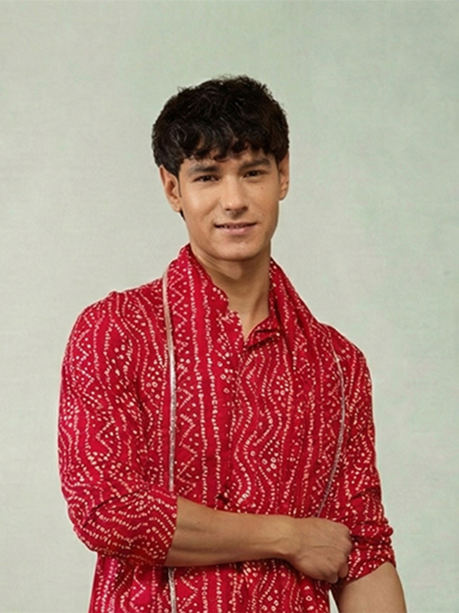 Red Cotton  Bandhani Printed Wedding Festival Party Wear Casual Mens Kurta