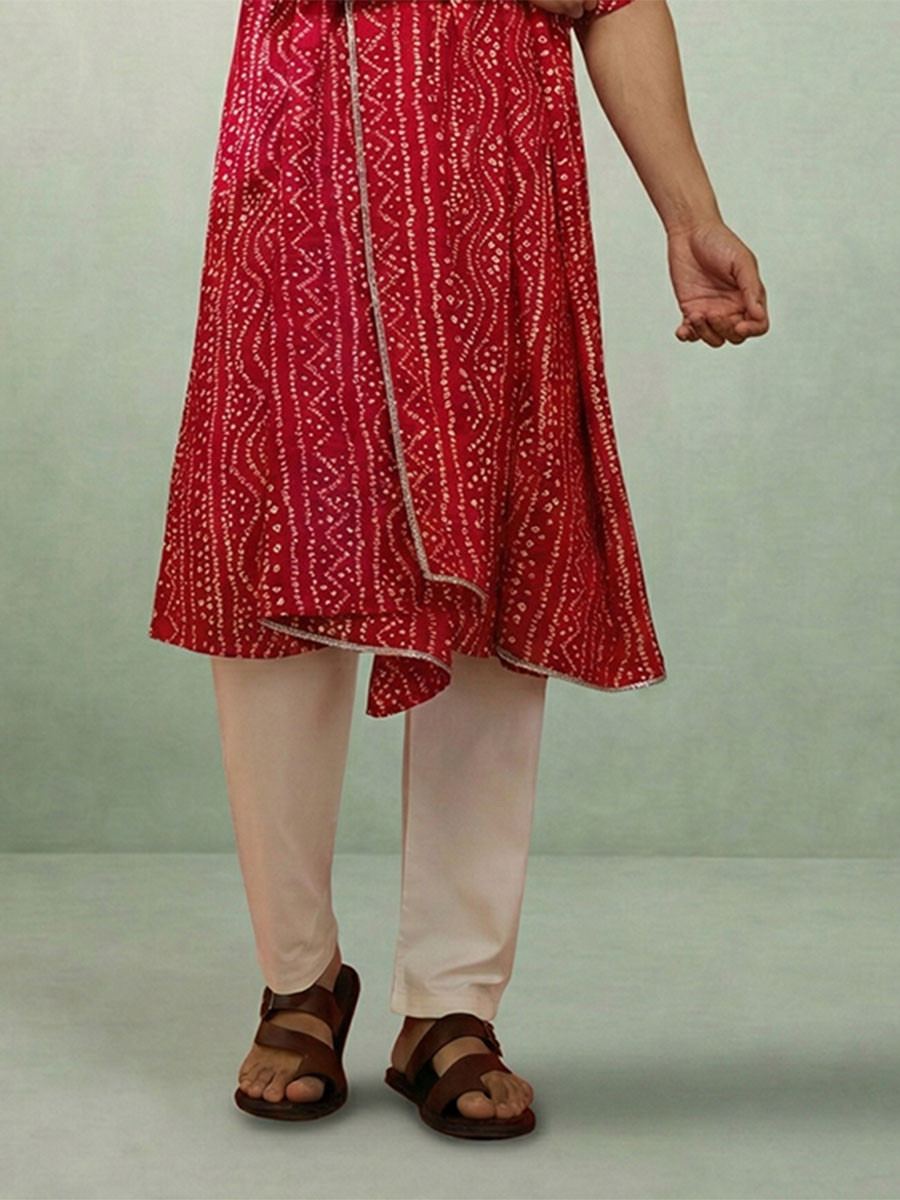 Red Cotton  Bandhani Printed Wedding Festival Party Wear Casual Mens Kurta