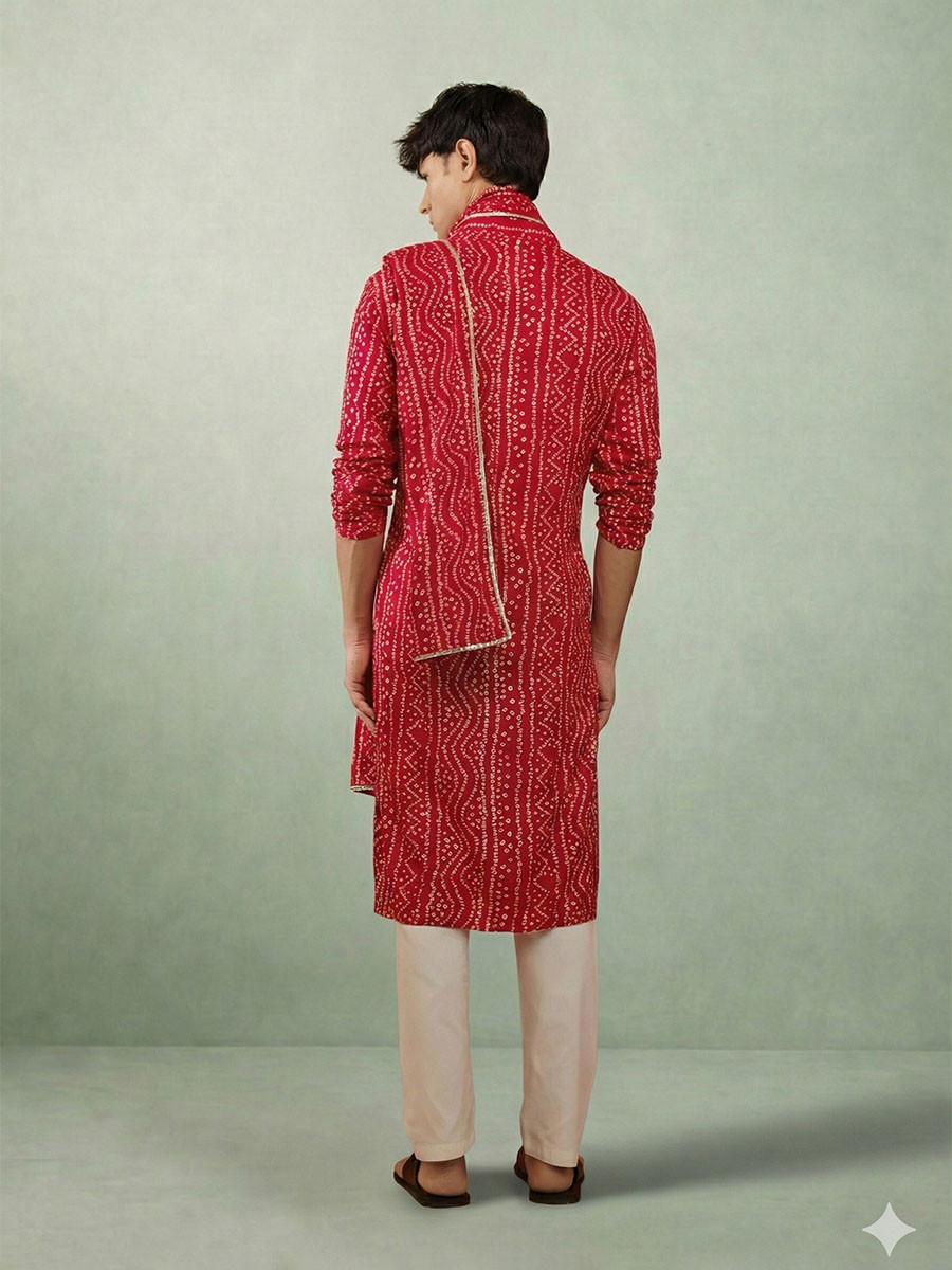 Red Cotton  Bandhani Printed Wedding Festival Party Wear Casual Mens Kurta