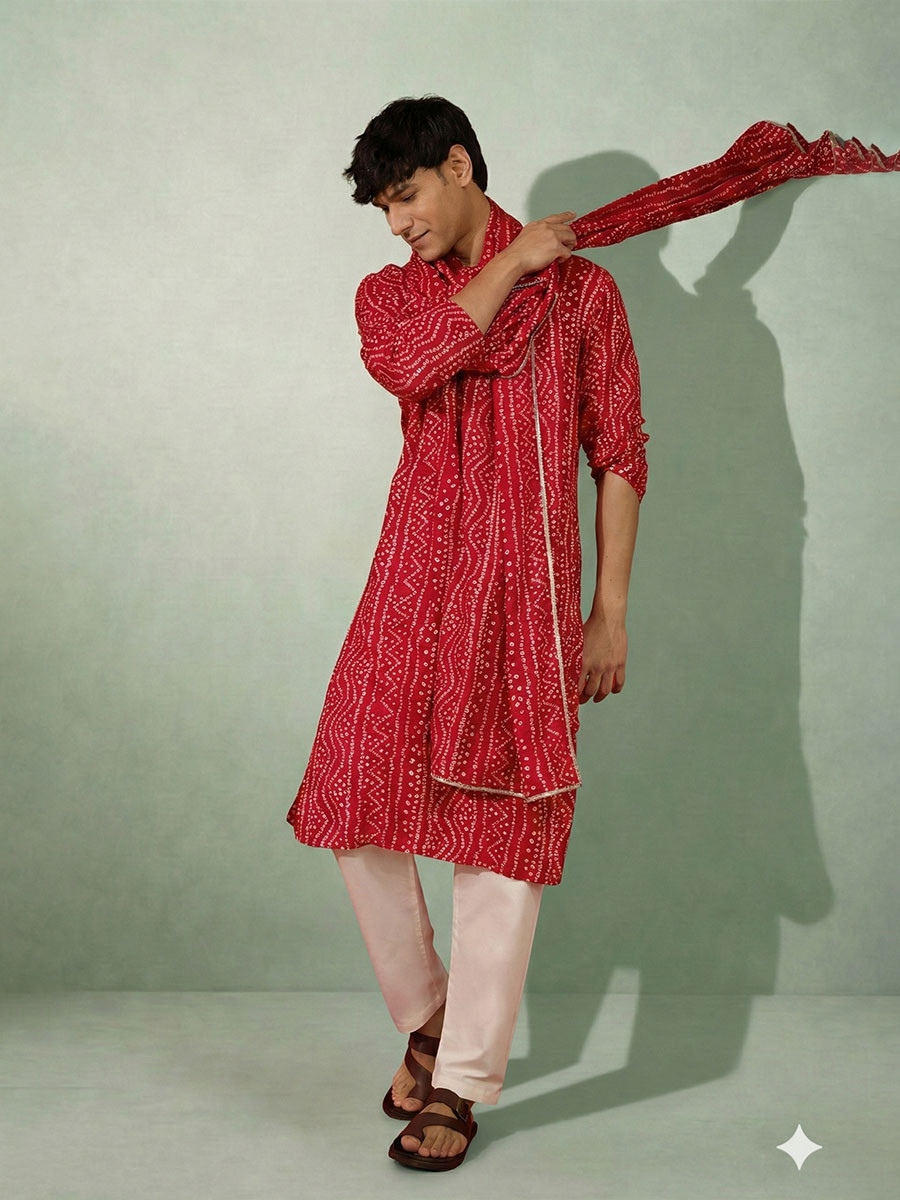 Red Cotton  Bandhani Printed Wedding Festival Party Wear Casual Mens Kurta