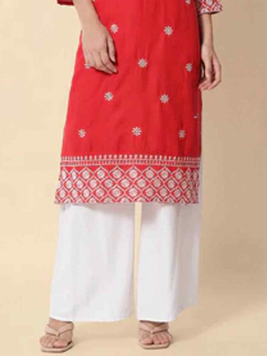 Red Cotton Blend Embroidered Casual Festival Kurti