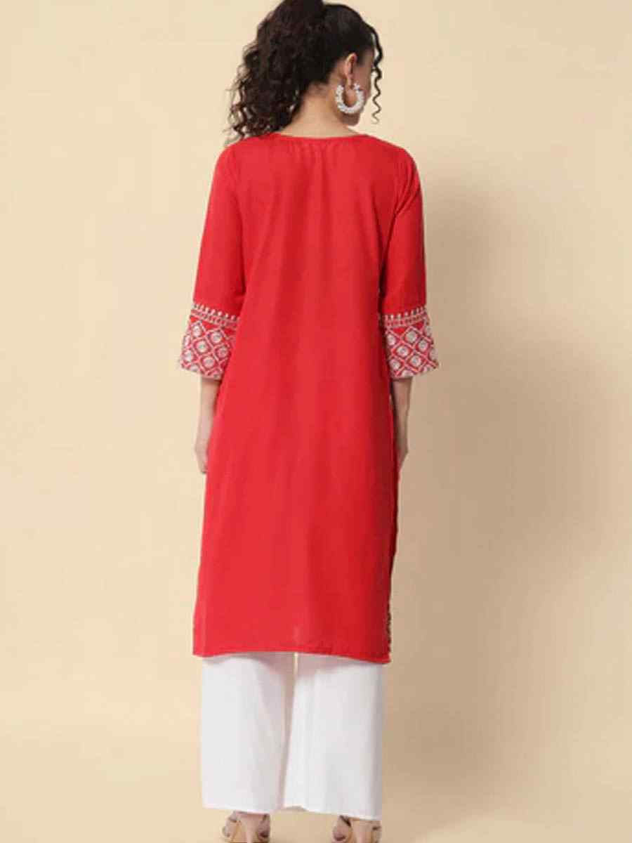 Red Cotton Blend Embroidered Casual Festival Kurti