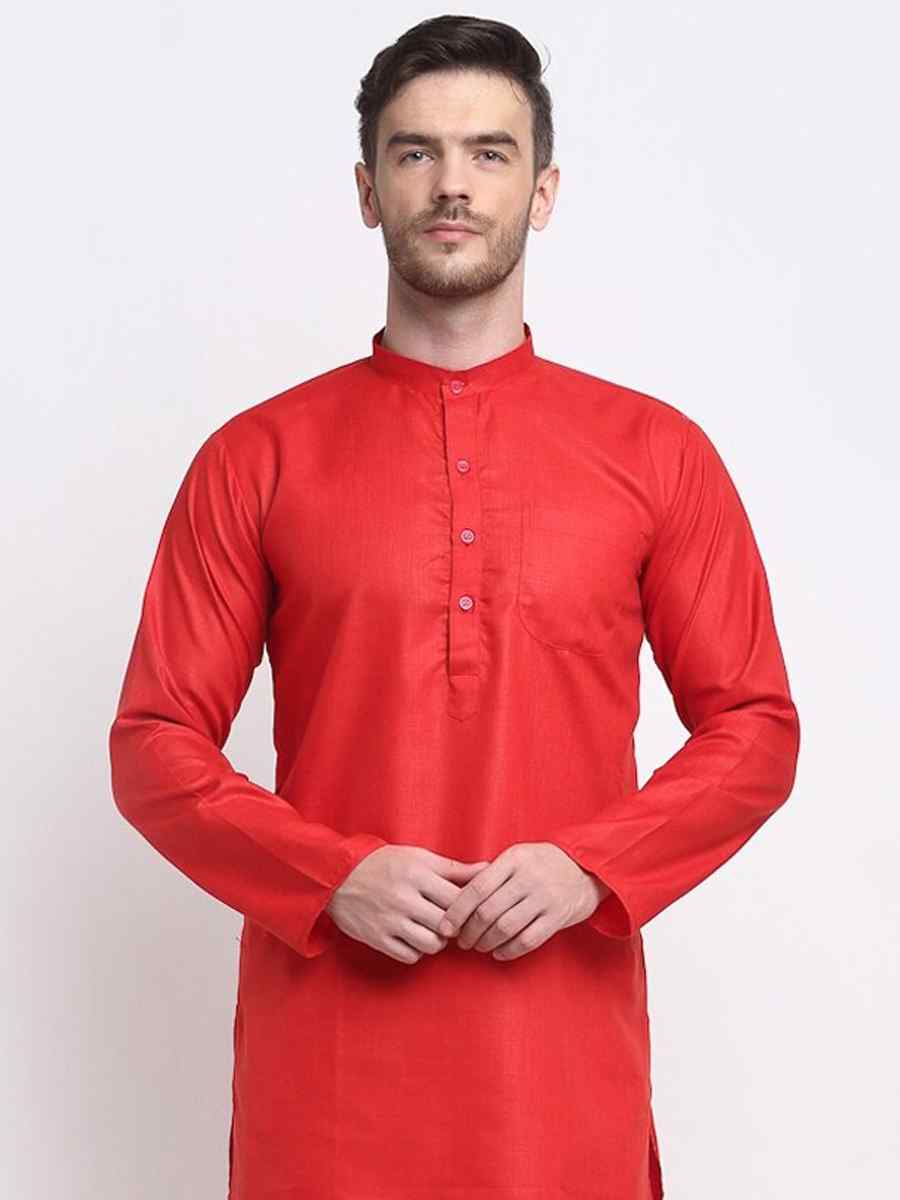 Red Cotton Blend Plain Festival Casual Kurta