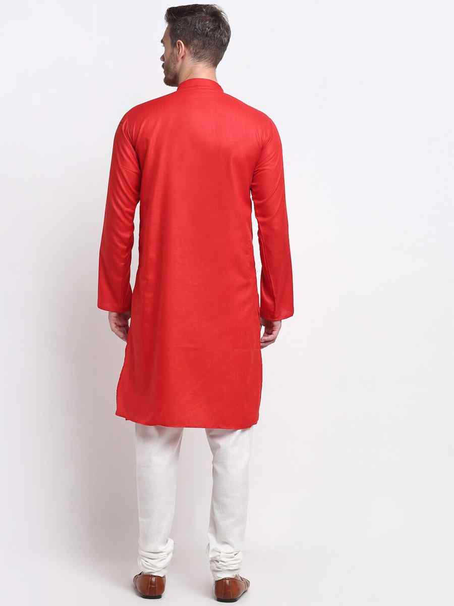 Red Cotton Blend Plain Festival Casual Kurta