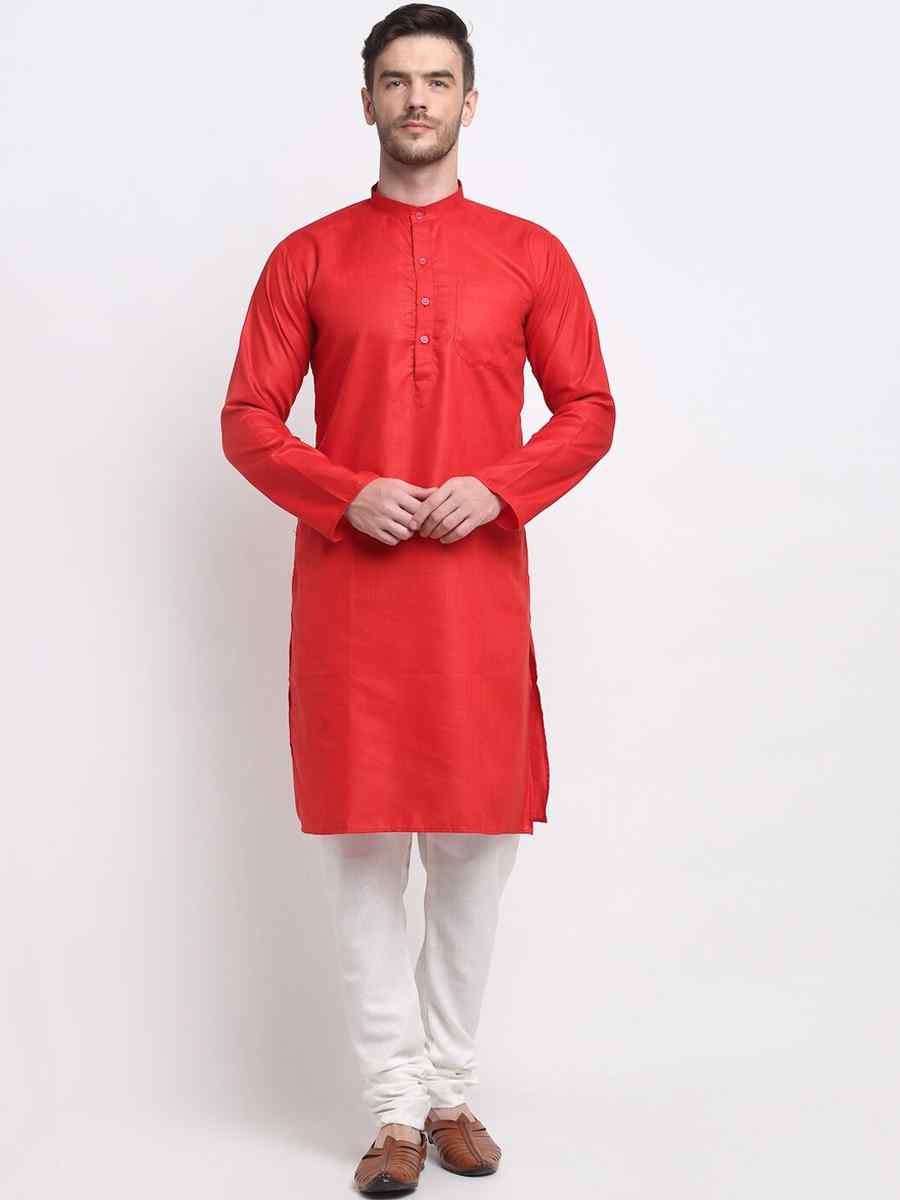 Red Cotton Blend Plain Festival Casual Kurta