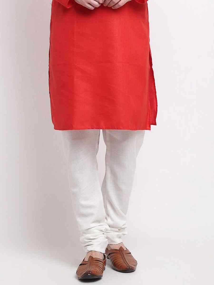 Red Cotton Blend Plain Festival Casual Kurta