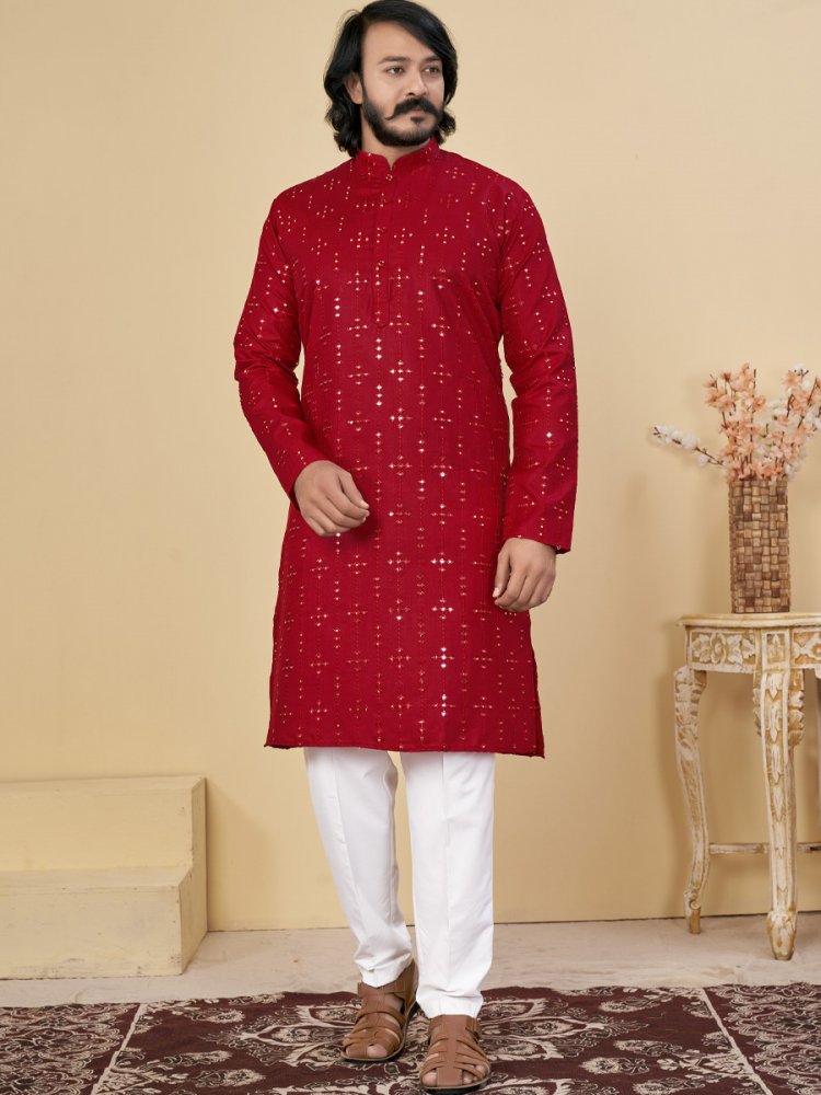 Red Cotton Embroidered Festival Casual Kurta