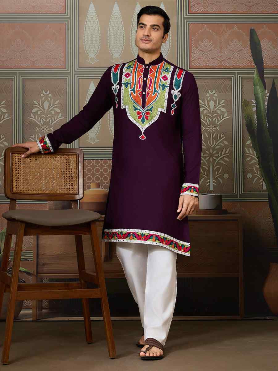 Red Cotton Embroidery Festival Wedding Party Kurta
