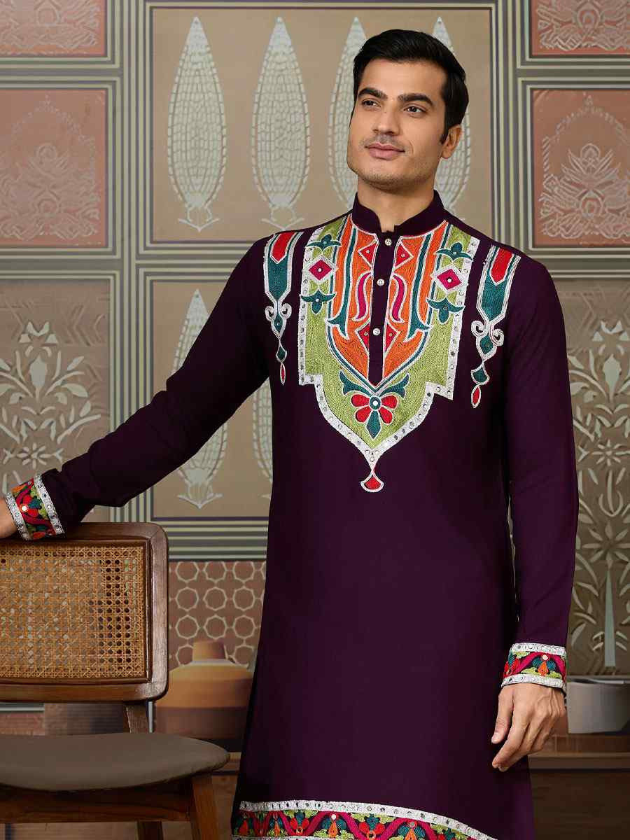 Red Cotton Embroidery Festival Wedding Party Kurta