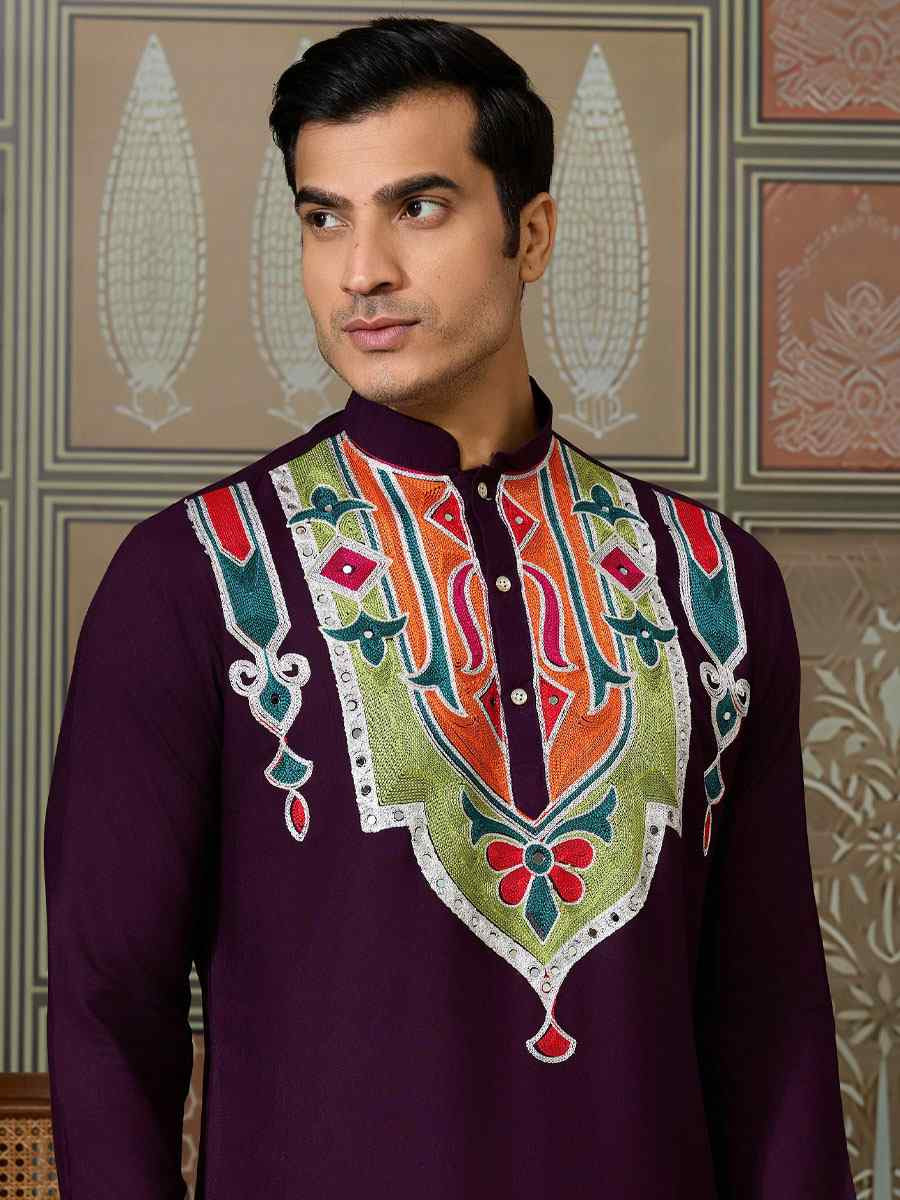 Red Cotton Embroidery Festival Wedding Party Kurta