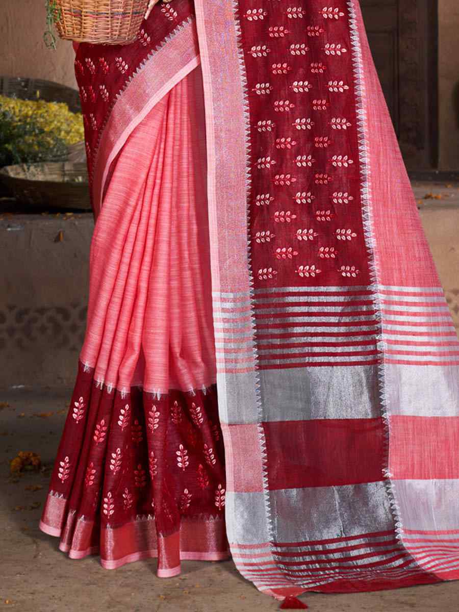 Red Cotton Handwoven Casual Festival Heavy Border Saree
