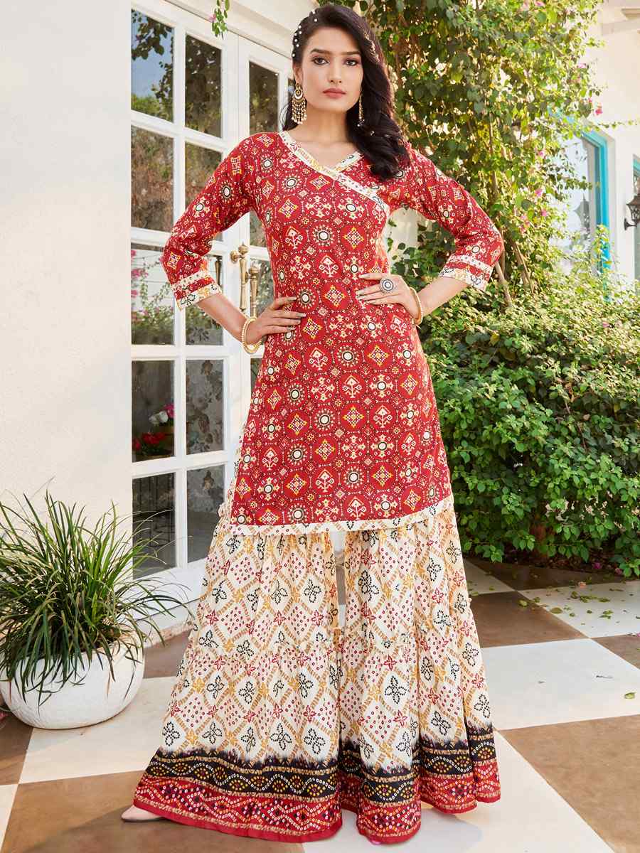 Red Cotton Handwoven Festival Palazzo Pant Salwar Kameez