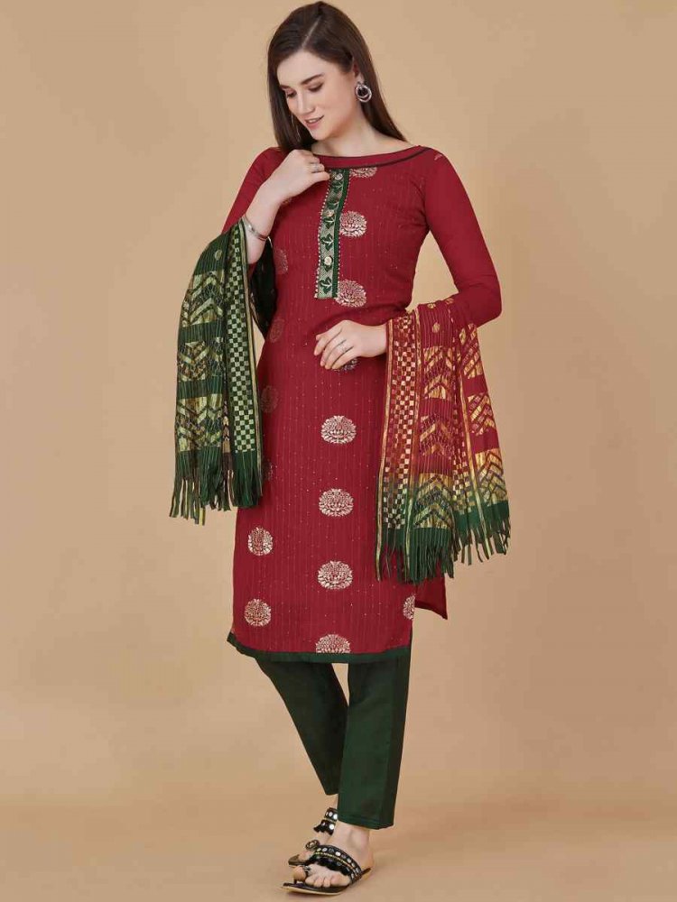Red Cotton Jacquard Handwoven Casual Festival Pant Salwar Kameez