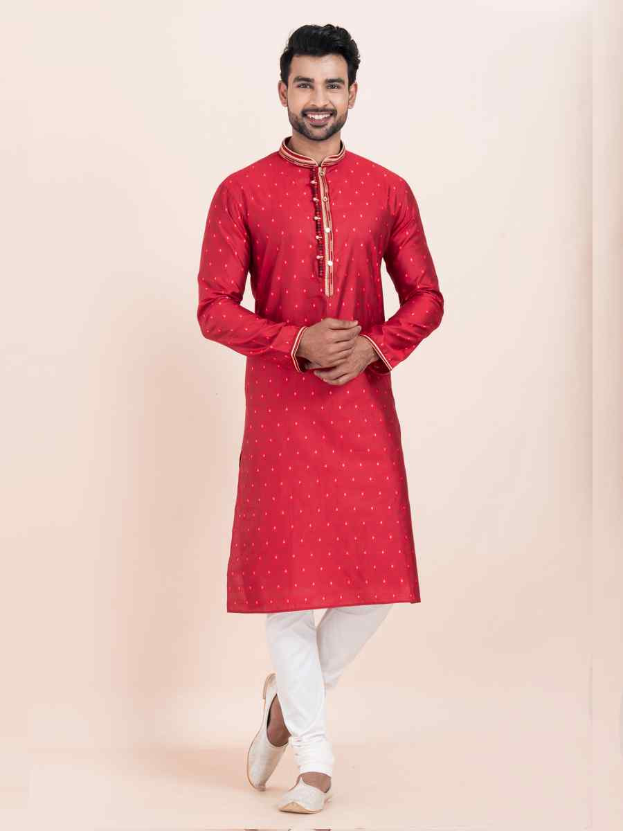 Red Cotton Jacquard Printed Festival Wedding Kurta Pyjama Men039s Wear