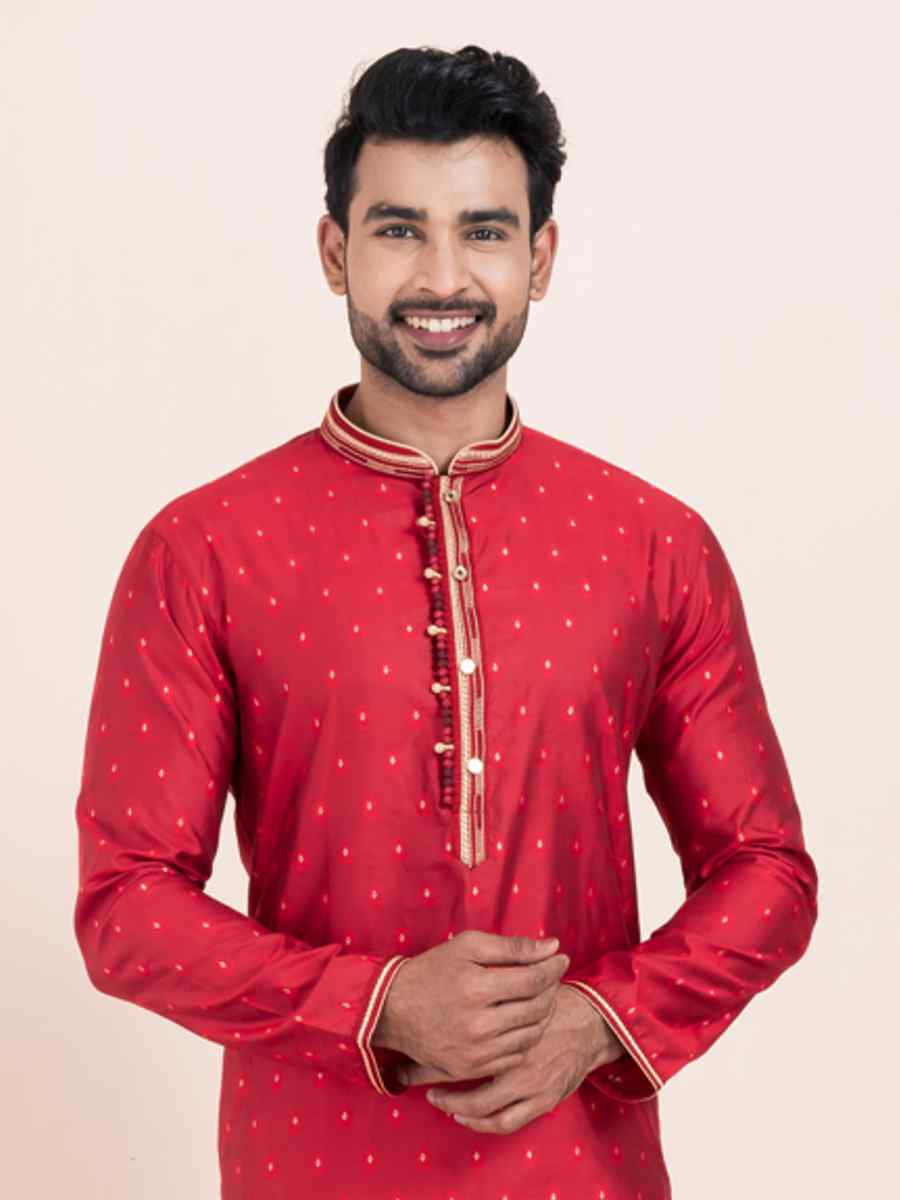 Red Cotton Jacquard Printed Festival Wedding Kurta Pyjama Men039s Wear