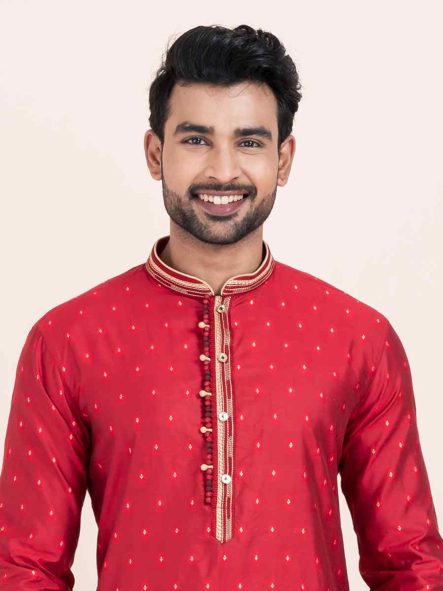 Red Cotton Jacquard Printed Festival Wedding Kurta Pyjama Men039s Wear