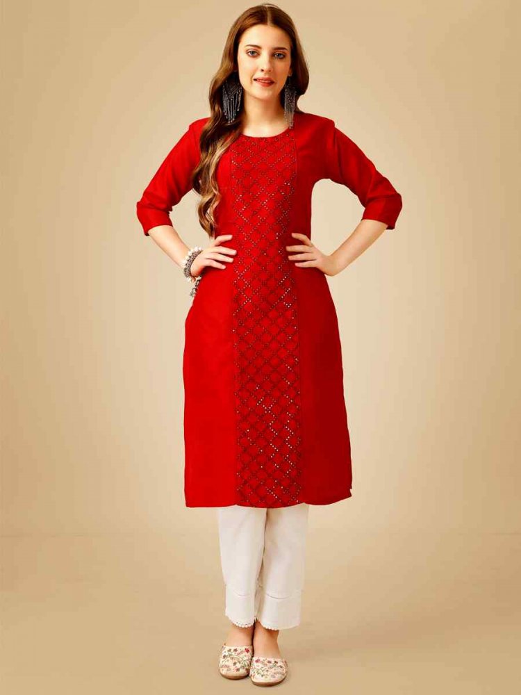 Red Cotton Magic Slub Embroidered Festival Casual Kurti