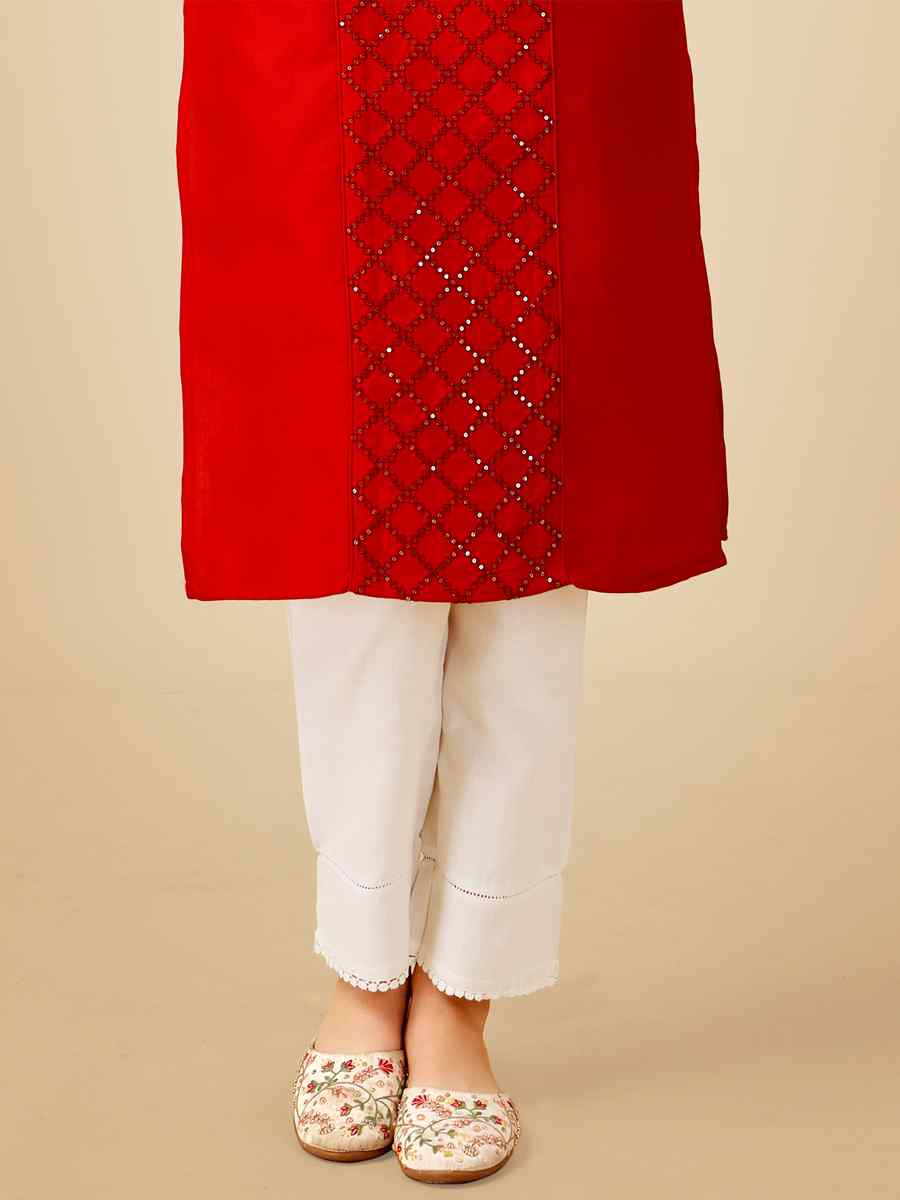 Red Cotton Magic Slub Embroidered Festival Casual Kurti With Bottom