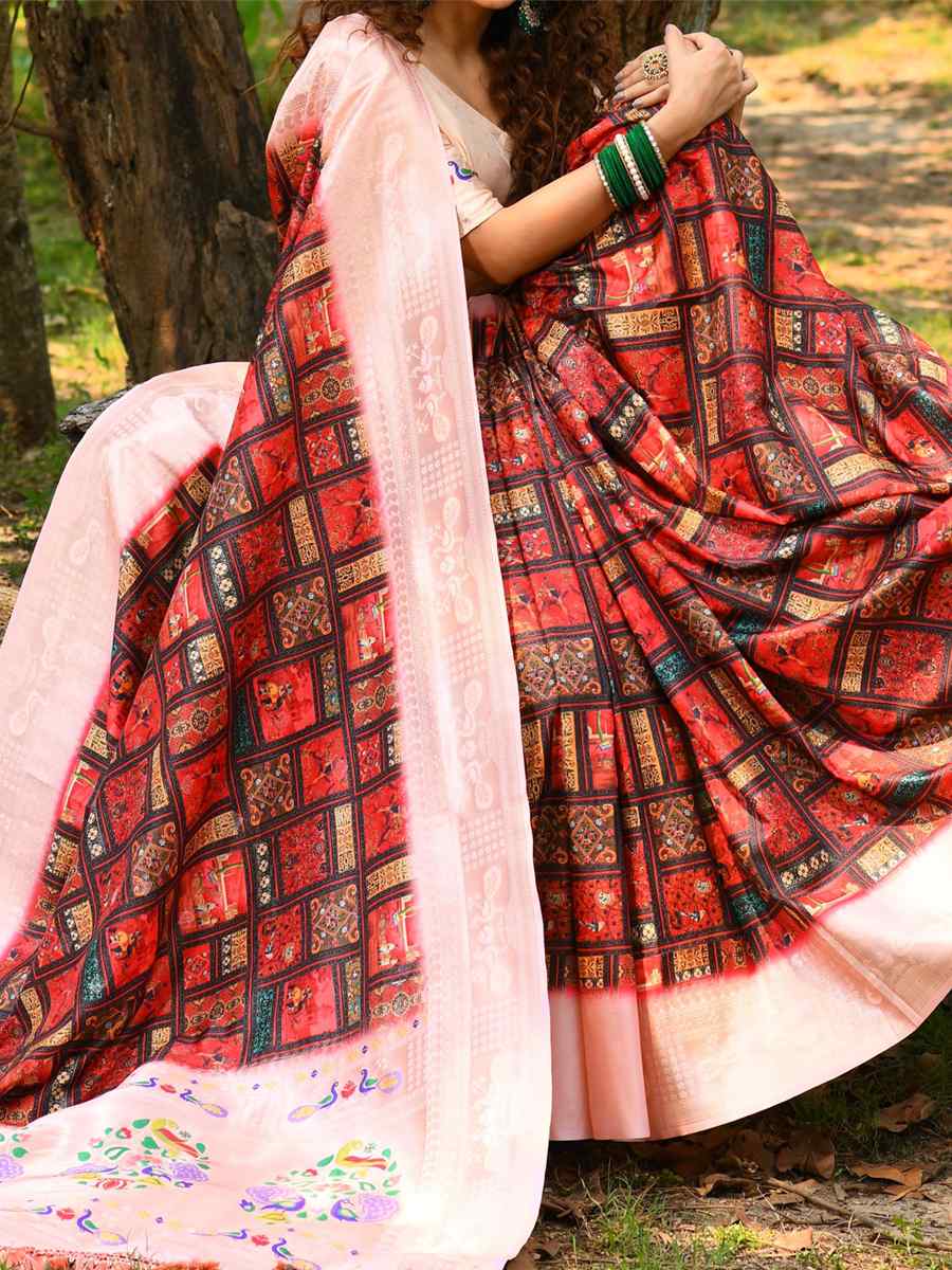 Red Cotton Organza Handwoven Mehendi Festival Heavy Border Saree