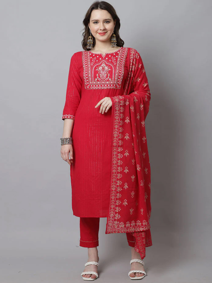 Red Cotton Printed Casual Festival Ready Pant Salwar Kameez