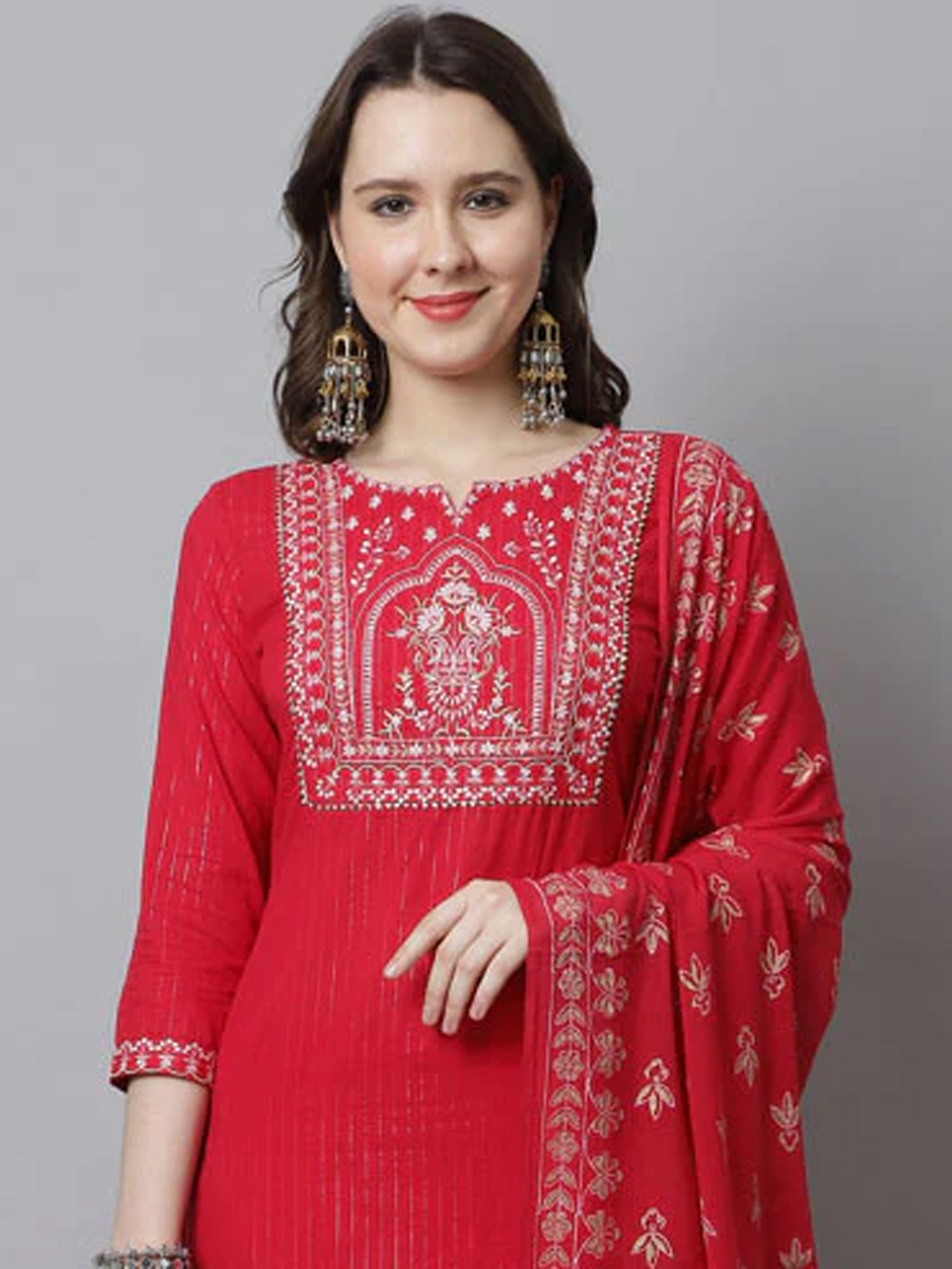 Red Cotton Printed Casual Festival Ready Pant Salwar Kameez