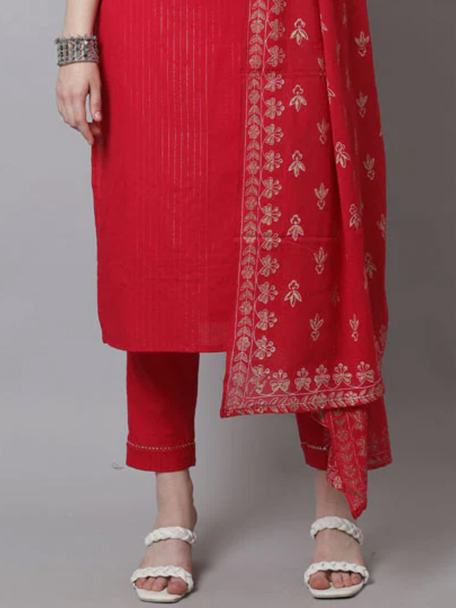 Red Cotton Printed Casual Festival Ready Pant Salwar Kameez