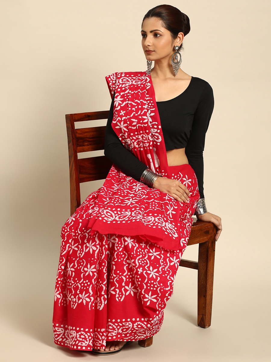 Red Cotton Printed Festival Casual Contemporary Sarees