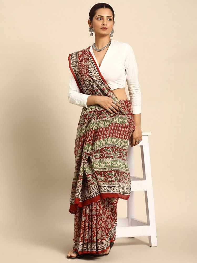 Red Cotton Printed Festival Casual Contemporary Sarees