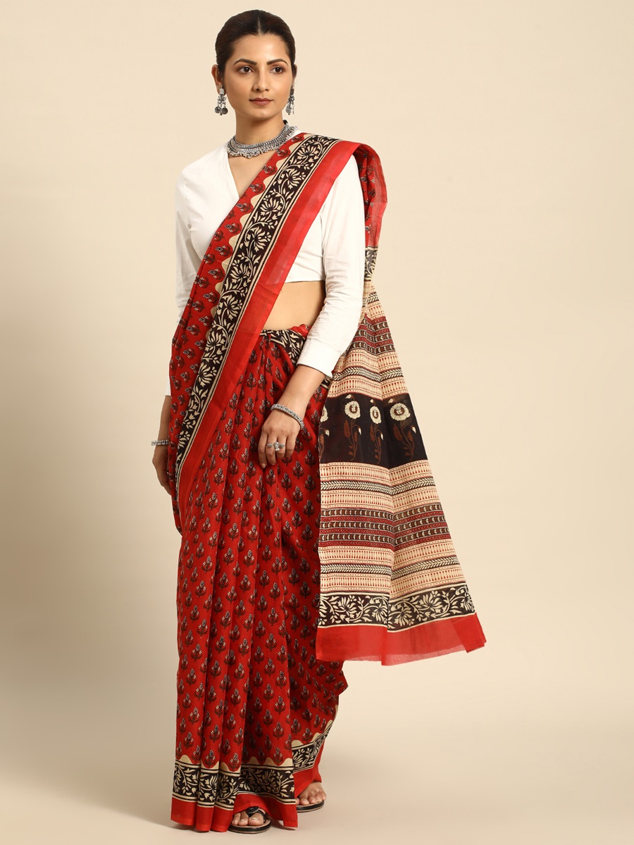 Red Cotton Printed Festival Casual Contemporary Sarees