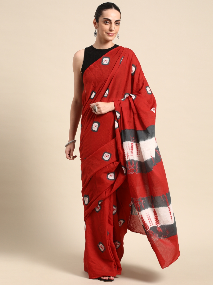 Red Cotton Printed Festival Casual Contemporary Sarees