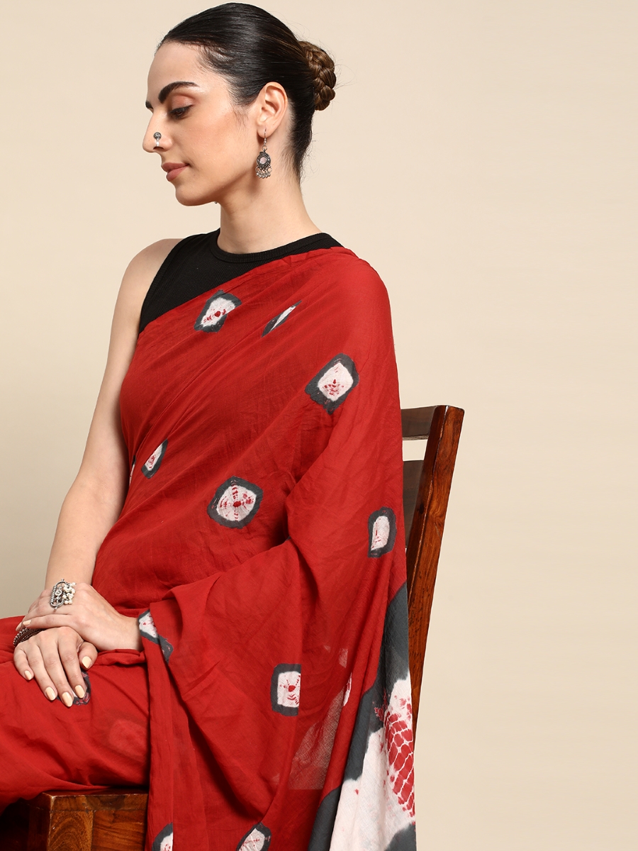 Red Cotton Printed Festival Casual Contemporary Sarees