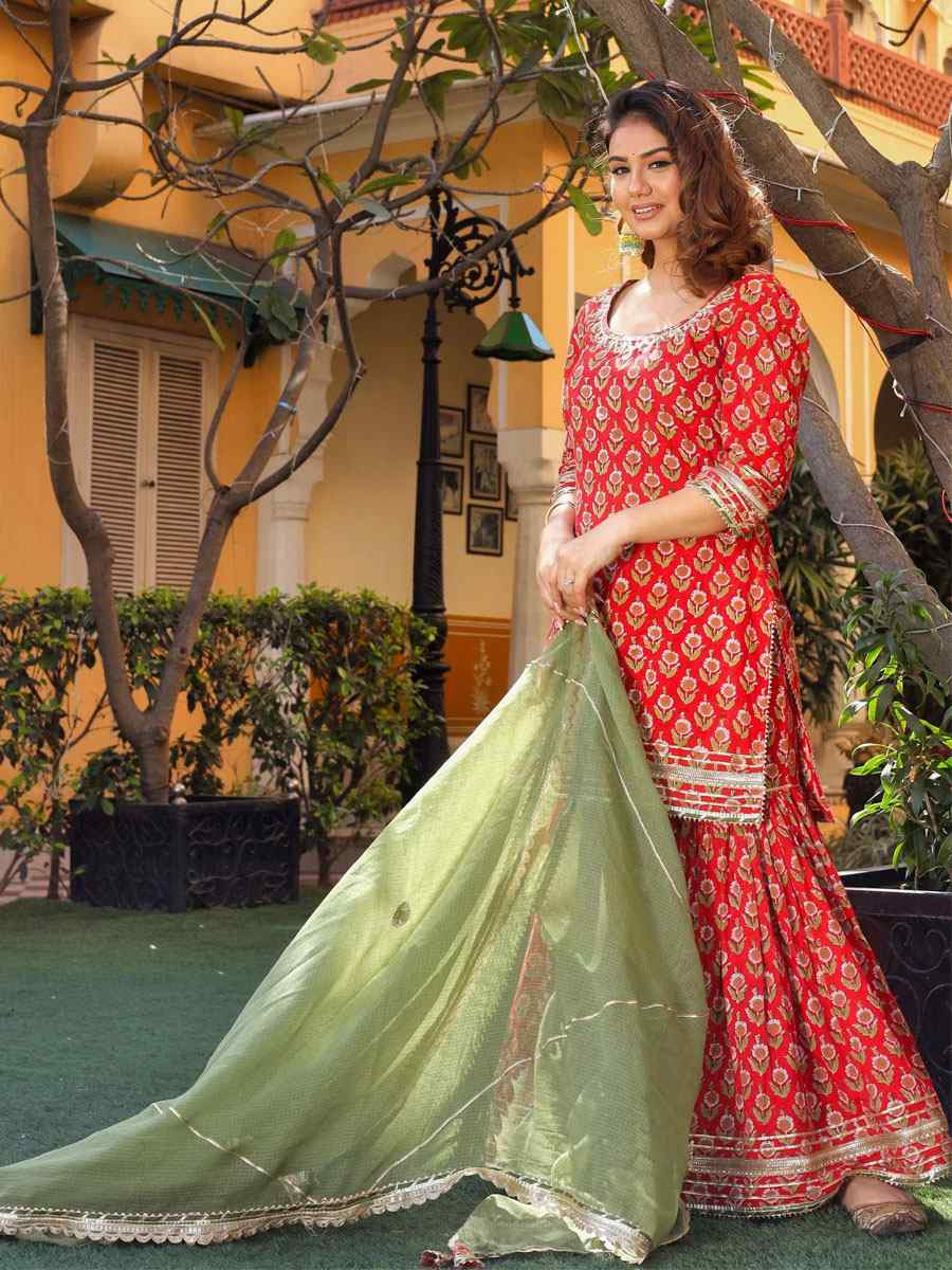 Red Cotton Printed Lace Gotta Work Party Wedding Festival Casual Ready Sharara Pant Salwar Kameez