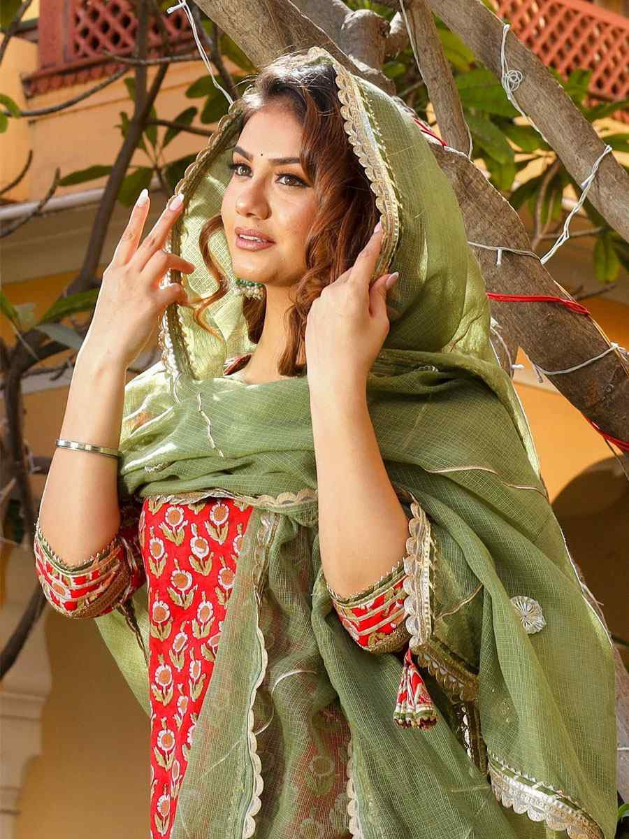 Red Cotton Printed Lace Gotta Work Party Wedding Festival Casual Ready Sharara Pant Salwar Kameez