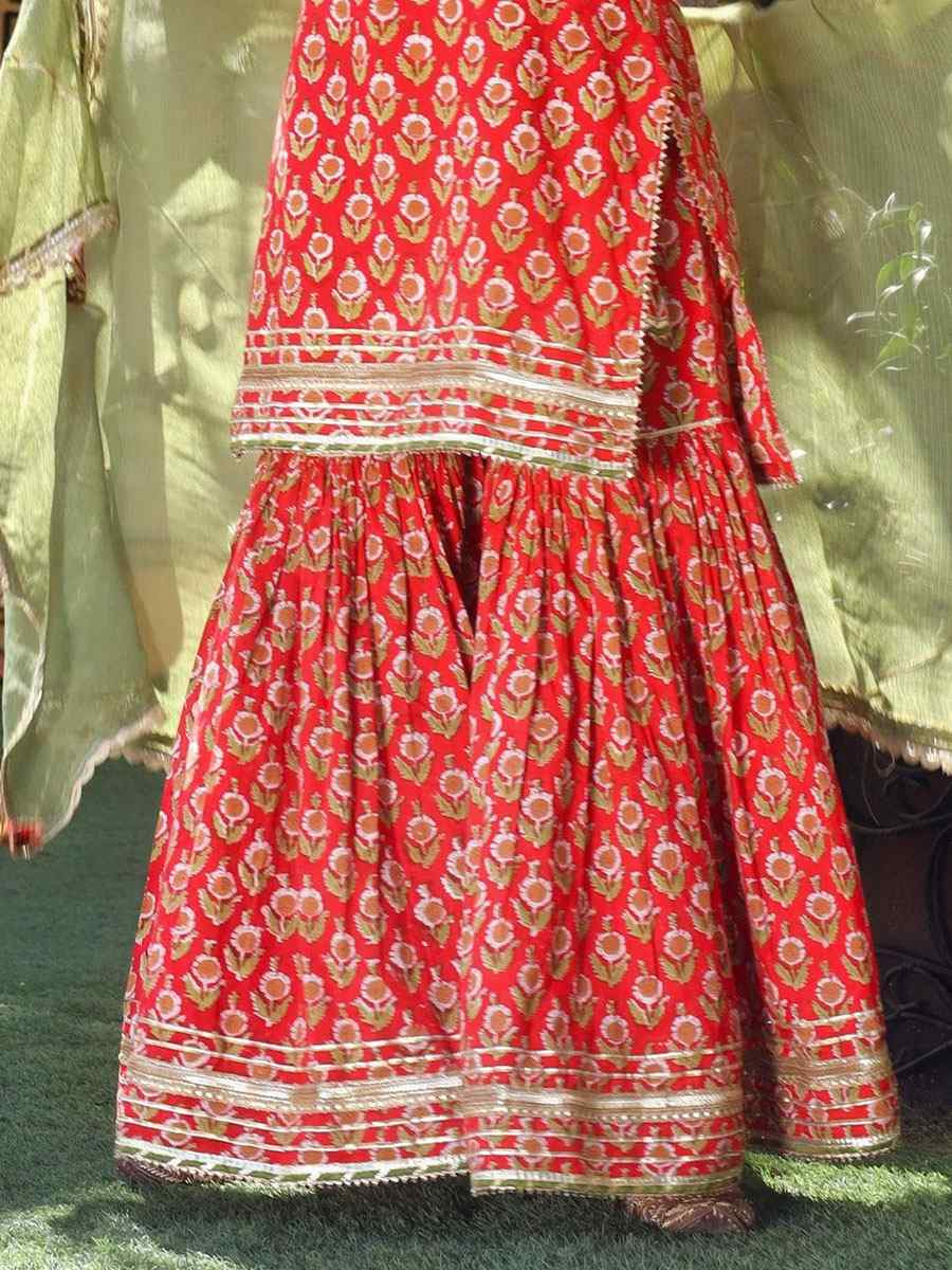 Red Cotton Printed Lace Gotta Work Party Wedding Festival Casual Ready Sharara Pant Salwar Kameez