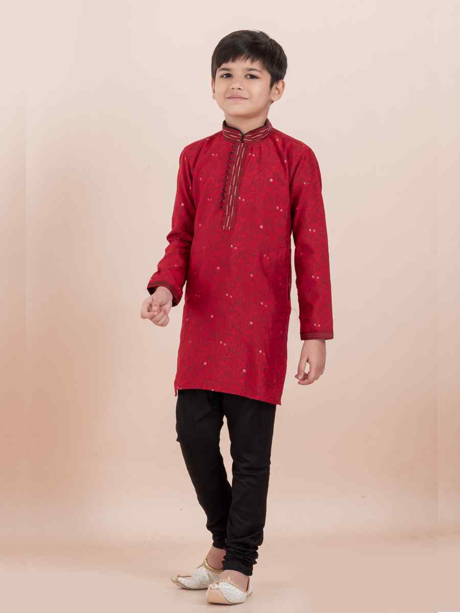 Red Cotton Self Jacquard Embroidered Festival Traditional Kurta Pyjama Boys Wear