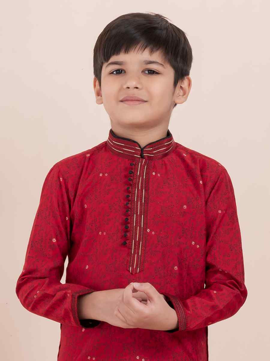 Red Cotton Self Jacquard Embroidered Festival Traditional Kurta Pyjama Boys Wear