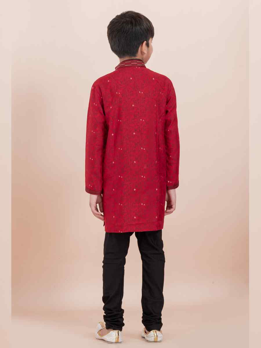 Red Cotton Self Jacquard Embroidered Festival Traditional Kurta Pyjama Boys Wear