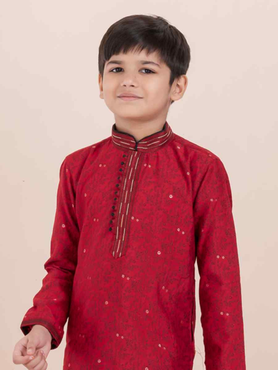 Red Cotton Self Jacquard Embroidered Festival Traditional Kurta Pyjama Boys Wear