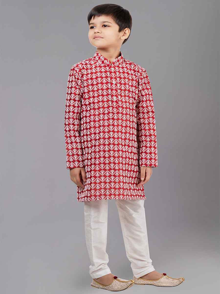 Red Cotton Silk Embroidered Festival Traditional Kurta Pyjama Boys Wear